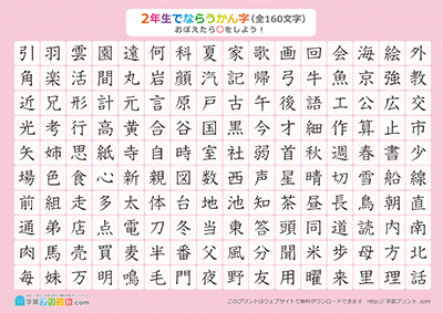 小学2年生の漢字一覧表（丸チェック表） ピンク A4